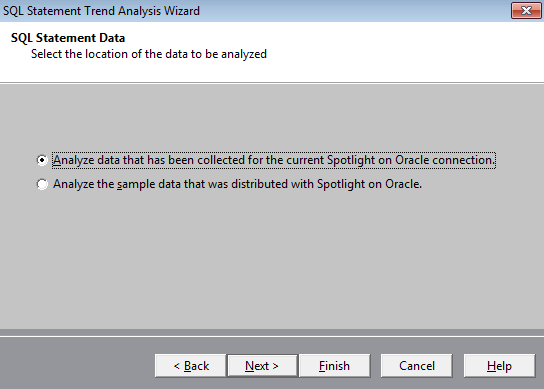 Screen shot showing to select "Analyze data collected for the existing Spotlight on Oracle connection."
