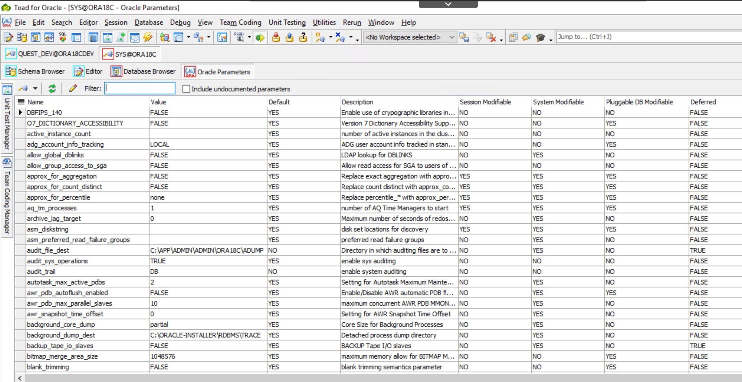 Unfiltered parameters view.