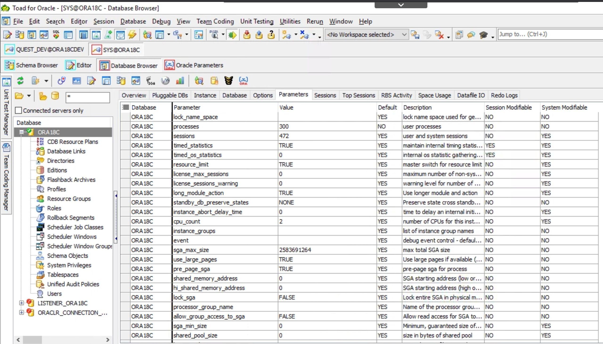 Basic Oracle parameters view.