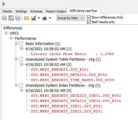 Database health check differences report