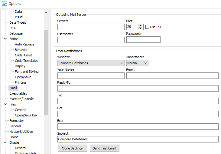 Email options panel