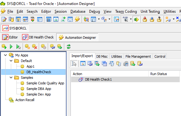 Database health check via automation designer