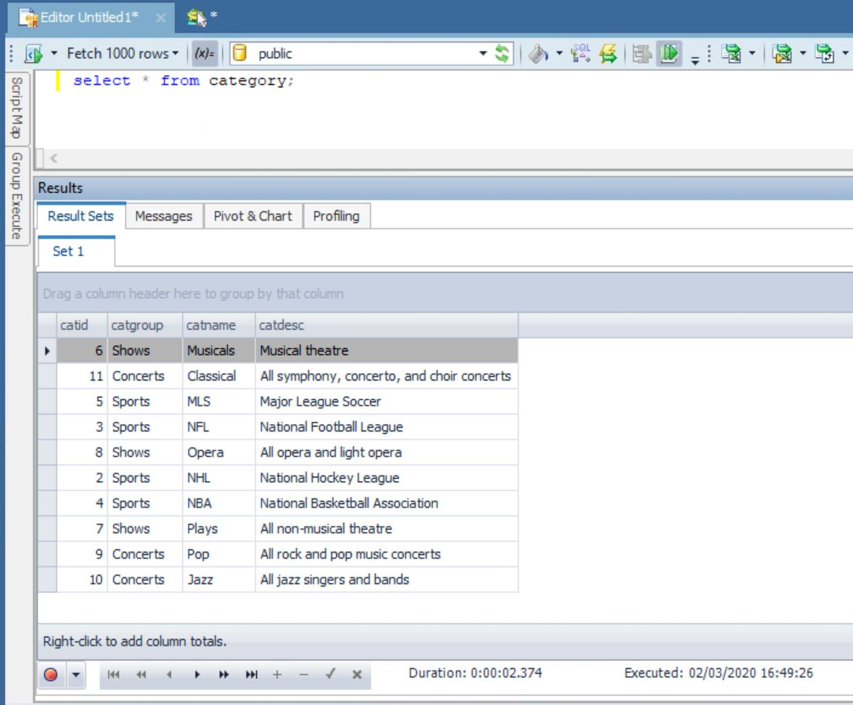 Screen capture showing the results of running a SQL query against Redshift in Toad Data Point.