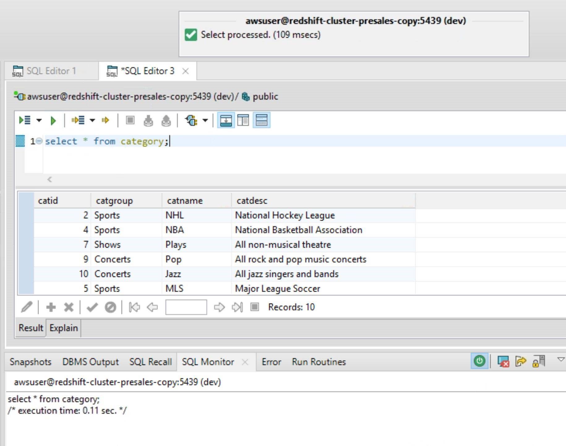 Screen capture showing the results of a SQL statement coded and then executed within the Toad Edge client application, accessing data from Redshift.  