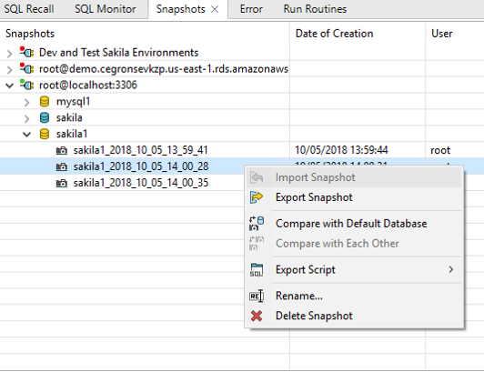 Screen shot of Toad for Oracle Snapshots feature, which allows you totrack schema changes.