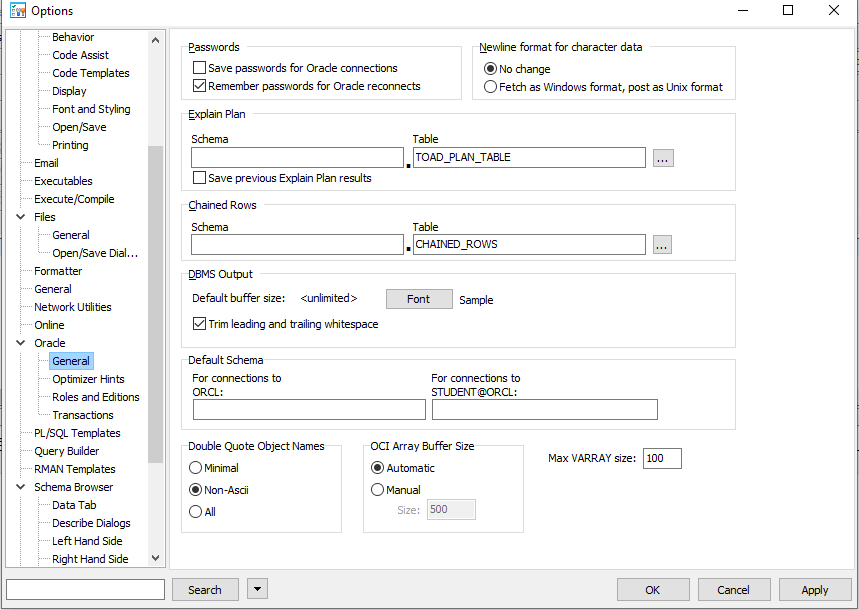 Toad for Oracle Options Panel