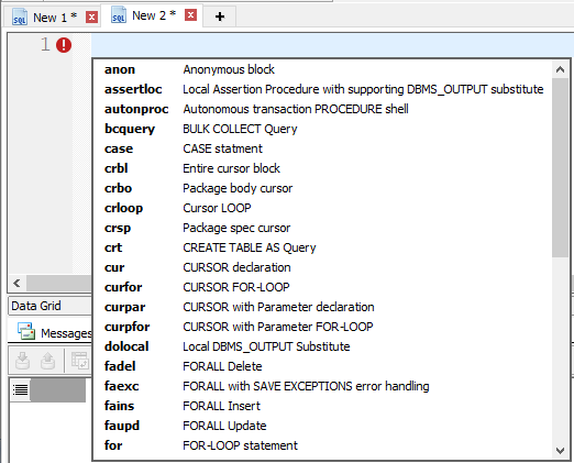 Available Toad Code Templates.