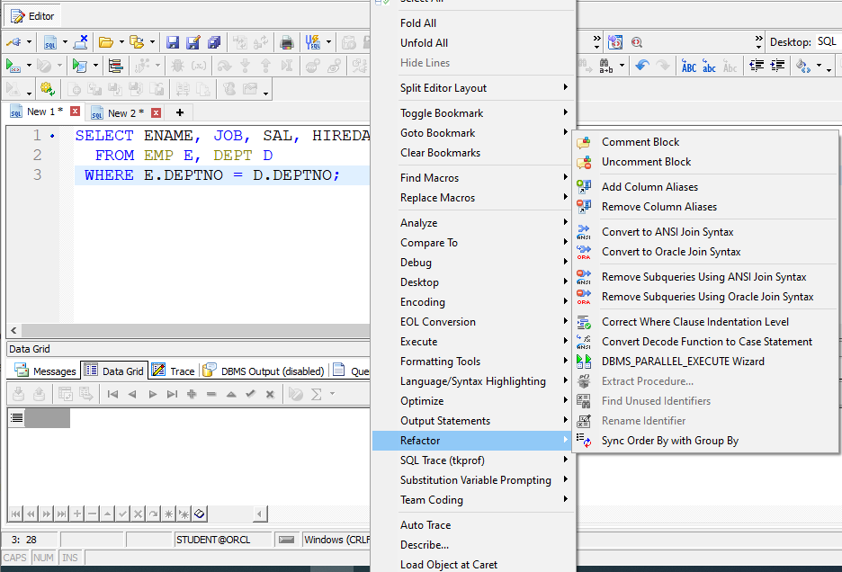 Right Click Assistance in Toad SQL Editor.