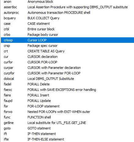 Look at all the PL/SQL available templates this developer tool has!