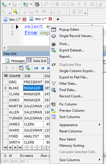 Toad for Oracle Base Edition, Data Grid, right mouse click options.