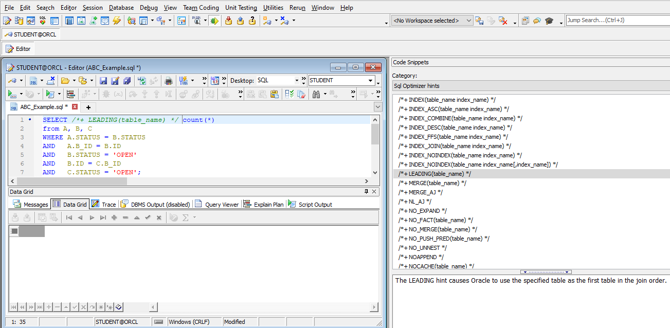 Figure 1: Toad for Oracle LEADING hint